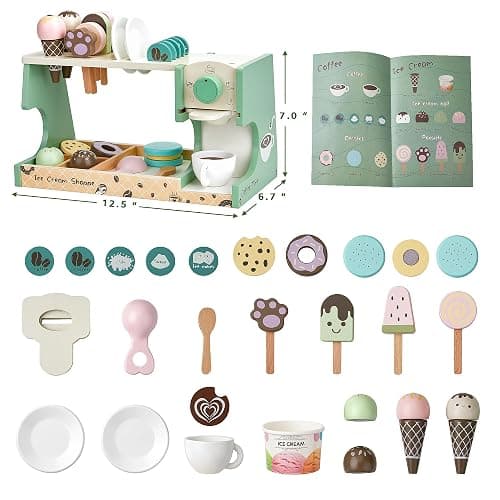medoga Wooden Ice Cream Toy, 3-in-1 Ice Cream Counter with Coffee Maker 28 PCS Toddler Pretend Play Kitchen Accessories Wooden Toys for 3 4 5 6 Year Old Girl or Boy (Ice Cream) thumbnail 3