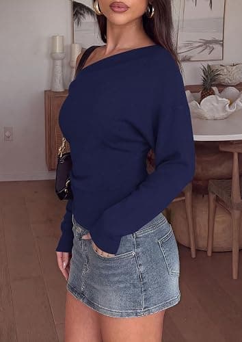 PRETTYGARDEN Womens Fall Long Sleeve Off Shoulder Sweater | Soft Knit Fabric, Fashion Batwing Sleeve, Chic Asymmetrical Hem, Casual Going Out Sweater, 2026 Trendy Winter Clothes thumbnail 3