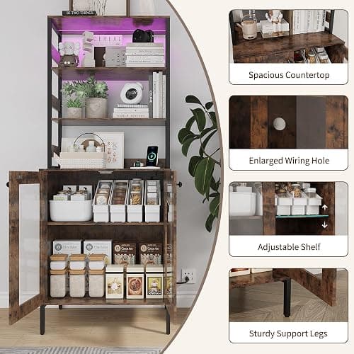 Amenitlif Kitchen Pantry Cabinet with LED Lights & Power Outlet, 66.9" H Kitchen Bakers Rack with Storage Shelves, Bar Cabinet with Glass Doors for Dining Room, Living Room, Hallway thumbnail 3