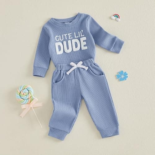 Adobabirl Baby Boy Fall Winter Clothes Cute Lil's Dude Embroidery Long Sleeve Romper Pants Set Newborn Waffle Knit Outfits thumbnail 4