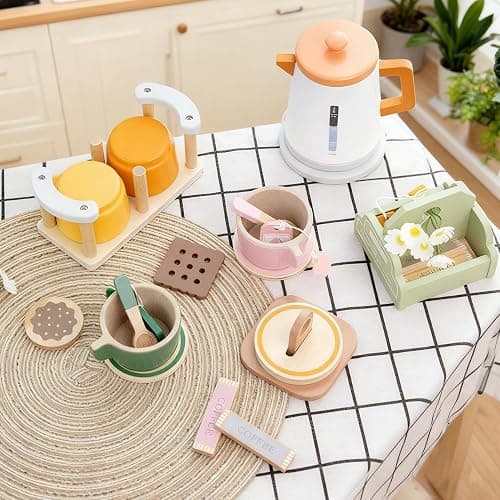 Benhurb Wooden Tea Set for Toddlers, Childrens Tea Party set for Kids, Afternoon Teapot Coffee Kitchen Accessories Pretend Role Play Food Toys Birthday for 3 4 5 Years Old Girls Boys thumbnail 3