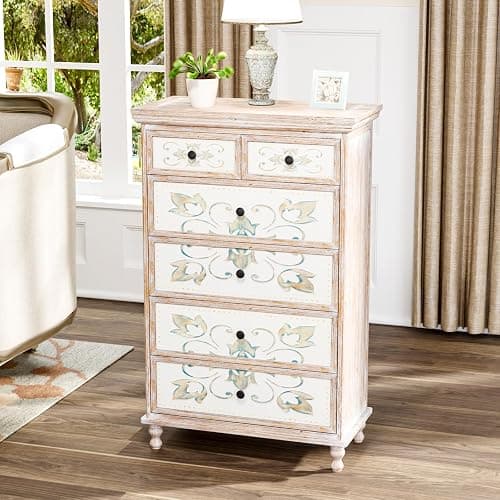 VINGLI Dresser Wood Chest of Drawers for Bedroom, Tall Dresser, Boho Dresser 6 Drawer Chest, Wooden Dresser with Drawers and Solid Wood Legs, Rustic Dresser, Washed White - 15"D x 29.9"W x 46.5"H (6 Drawers) - Washed White thumbnail 9