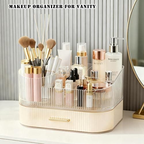 ShinyDew Makeup Organizer Countertop with 360 Rotating Brush Holder, Make Up Organizers For Vanity With Drawer, Bathroom Countertop Skincare Organizer And Storage thumbnail 4