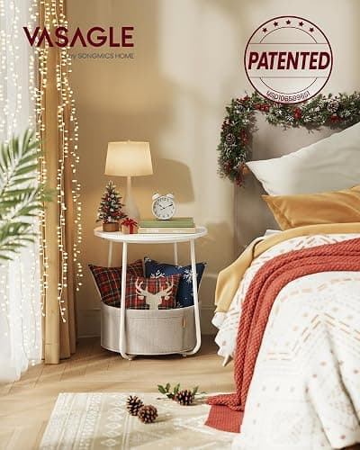 VASAGLE LILEA Collection - Small Round Side End Table, Modern Nightstand with Fabric Basket, Matte White and Camel Brown ULET223W10 thumbnail 4