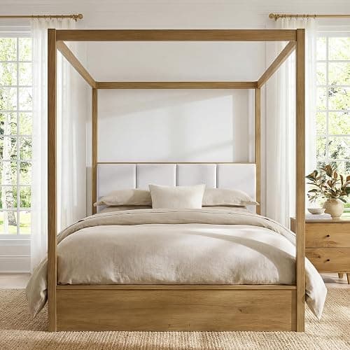 WAMPAT Wood Canopy Bed Frame Queen Size, Oak Bed w/Solid Wood Posters | Modern Wooden Bed Frame w/ 12 Slats & Support Legs, 800 lbs Capacity, No Box Spring Needed, Upholstered Headboard for Bedroom thumbnail 6