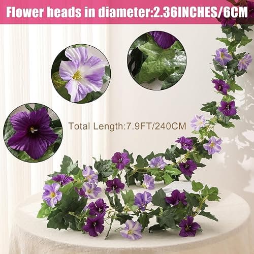 Floweroyal 6 Pack Artificial Flower Garlands 15.8FT Fake Morning Glory Vines Silk Flowers Hanging Garland Ivy for Wedding Arch Party Home Garden Wall Decor (Purple) thumbnail 3