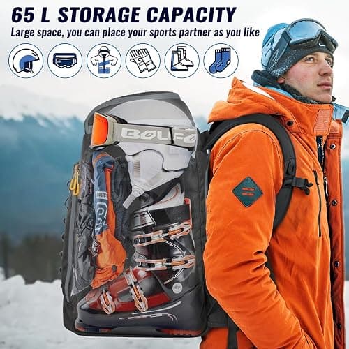 RESVIN Ski Boot Bag, 65L Durable Travel Backpack, 1680D Nylon Waterproof Snowboard Boot Bag, Skiing and Snowboarding Travel Luggage for Helmet, Goggles, Gloves, Outerwear & Accessories thumbnail 2