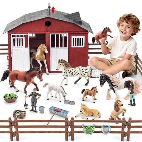 THINKBAY 47PCS Horse Toys Stable Playset with Farm Fences for Girls Boys, Solid Plastic Horse Stable with a Handle, Farm Animal Barn Toys Horse Figurines for Kids, Birthday Gift Cake Toppers - Image 1