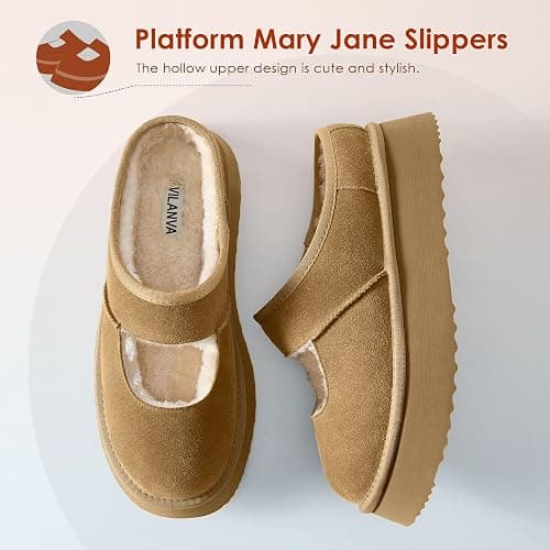 Vilanva Platform Slippers for Women Cozy Fur Lined Slip on Mary Jane Fall Shoes Warm Comfy House Slippers for Indoor Outdoor thumbnail 4