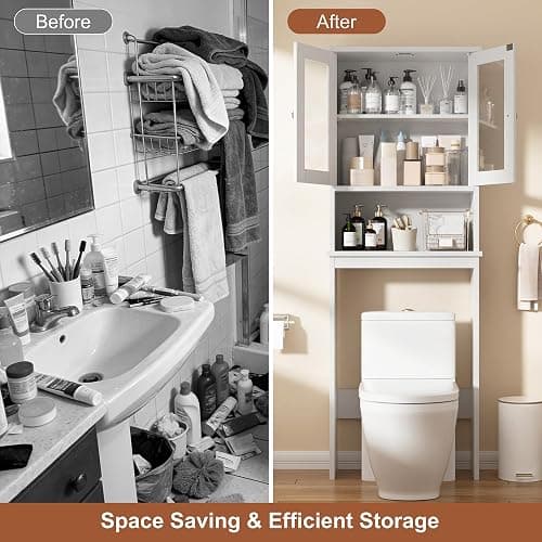 Shintenchi Over the Toilet Storage Cabinet, Bathroom Shelf Organizer with Anti-Tip Device, Small Freestanding Space Saver with Adjustable Shelf and Glass Door, White thumbnail 5
