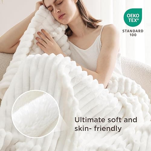 Bedsure Fleece Throw Blanket for Sofa - Fluffy Cosy Warm Blankets for Bed, Soft Cute Single Throw Gifts for Women and Girls, Off White, 130x170 cm thumbnail 6