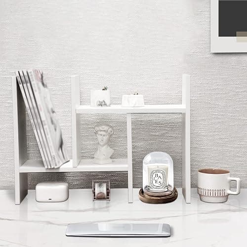 MASAKA B&W - Kawaii Storage Desktop Organizer for Your Desk Space, Double H Plants Display Shelf, Home Office Storage Rack Adjustable Stackable for Office, Dormitory (White*01) thumbnail 4
