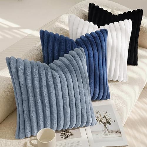 decorUhome Fall Cozy Faux Fur Throw Pillow Covers 16x16 Set of 2 Decorative Soft Plush Striped Modern Farmhouse Boho Couch Pillow Cases with Velvet Back for Sofa Bed Living Room, Grey Blue thumbnail 7