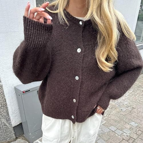 YILEEGOO Women's Solid Color Knit Cardigan Top V Neck Fuzzy Long Sleeve Button Down Sweaters thumbnail 7