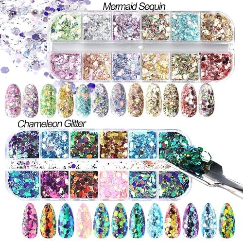 2 Boxes 24 Colors Holographic Nail Glitter Sequins 3D Iridescent Flakes Chunky Glitter Paillettes Design Mermaid Nail Flake Shiny Glitters Powder Chameleon Slices Decor for Manicure DIY Accessories thumbnail 3