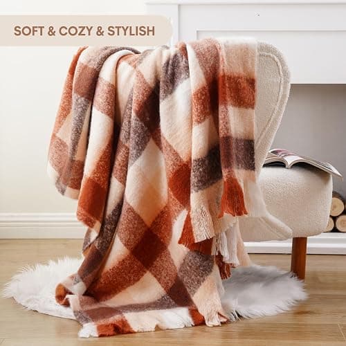 BATTILO Rust Plaid Throw Blanket for Couch Bed, Soft Mohair Tartan Plaid Blanket, Farmhouse Style Checkered Pattern, Fall Throw Blankets for Home Decor(50"x60") thumbnail 2