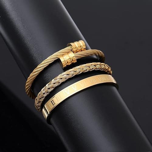 WFYOU 3PCS Stainless Steel Bracelets for Men Gold Roman Numeral Bangle Bracelet Twisted Cable Bracelet Adjustable Cuff Bracelet Mens Luxury Jewelry Bracelets Gifts thumbnail 5
