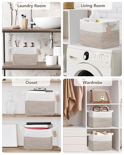 JOJOSEE Woven Storage Basket, Cotton Rope Basket for Shelves Toys Organizer, Square Storage Baskets for Books, Shoes, Decorative Gift Baskets for Home Bathroom Organizer 33x25x22.5cm (White&Brown) thumbnail 7