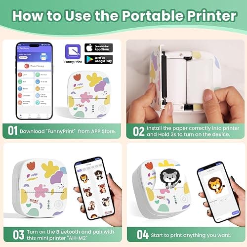 XenGro Mini Sticker Printer AHM2, Mini Thermal Printer with 3 Rolls Paper, Portable Bluetooth Inkless Printpods, Pocket Label Maker Suitable for Creative Kids DIY, Diaries, Photos, Study Notes -White thumbnail 3