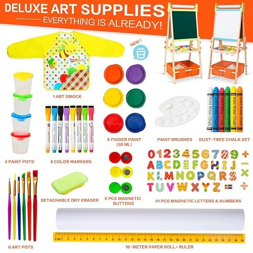 Kids Easel Including 100+ Accessories, Rundad Double Sided Wooden Easel for Kids Age 3-8 with Magnetic Chalkboard & Painting Board, Free Height Adjustable Art Easel Supplies for Toddlers thumbnail 4