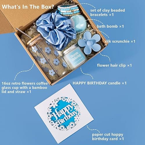 JTEWB Birthday Gifts For Women, Teen Girl, Her, Happy Birthday Gift Box For Girl, Women, Sister, Daughter, Friends, Cute Daisy Aesthetic Glass Cups Gift Set 7pcs thumbnail 3