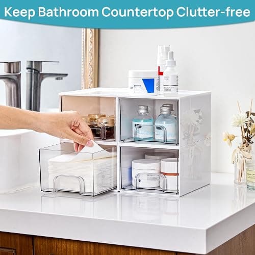 Vtopmart 4Pack Small Stackable Storage Drawers, Bathroom Makeup Organizer,Plastic Storage Bins For Vanity, Undersink, Kitchen Cabinets, Pantry, Home Organization(White) thumbnail 4