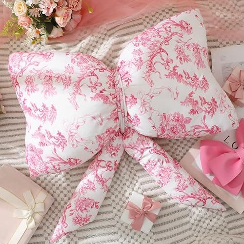 Colingmill Bow Shaped Throw Pillow 24 Inch Large Pink and White Chinoiserie Floral Pillow Decorative Coquette Love Shack Fancy Decor for Sofa Bed Couch Living Room thumbnail 5