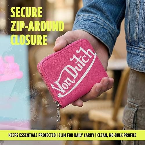 Von Dutch Zip-Up Wallet with ID Window, Vegan Leather, Slim Unisex Design for Men & Women (Classic Signature, Hot Pink) thumbnail 3