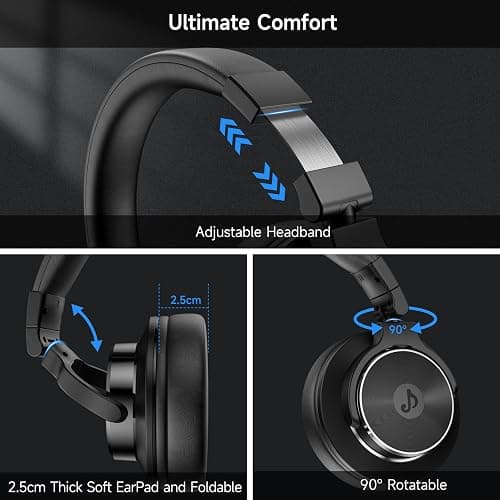 Rumoon Wired Over Ear Headphones, Studio Monitor & Mixing DJ Headphones with 50mm Neodymium Drivers and 1/4 to 3.5mm Jack for Guitar AMP Podcast Piano Keyboard (Black) thumbnail 7