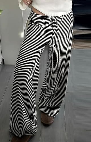 codcm Womens Comfy Pajama Pants Striped Low Waisted Lounge Pants Elastic Waist Drawstring Long Trousers thumbnail 2