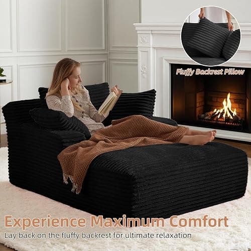 Keainvren Oversized Chaise Lounge Chair Indoor Corduroy Sofa Bed with Throw Pillows Recliner Chair Comfy Large Deep Seat Sofa Couch for Living Room, Bedroom, Apartment (Black) thumbnail 7