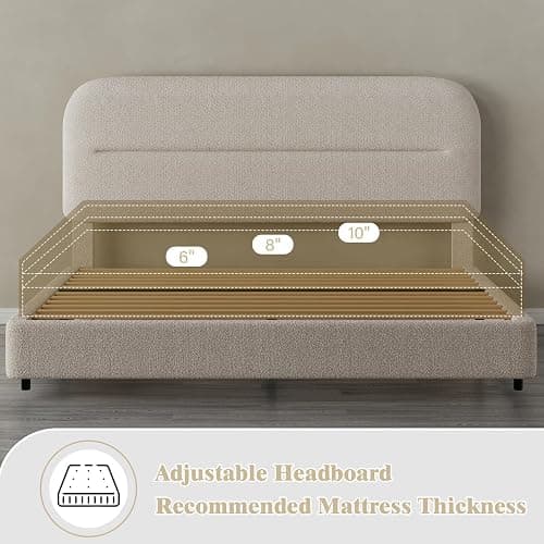 HOMBCK King Size Bed Frame, Upholstered Boucle Bed Frame King with Headboard, Soft Cloud Bed Frames with Thickened Footboard, Rounded Corners, No Box Spring Required, Easy Assembly, Cream thumbnail 7