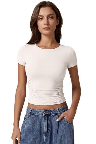 QINSEN Short Sleeve Shirts for Women Round Neck Basic Double Lined Tees Fitted Y2k Crop Tops thumbnail 4