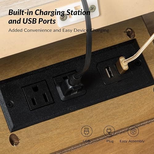 HULALA HOME Farmhouse 3 Drawer End Table with Tray, Drawer Organizer with Solid Wood Legs, End Table with Charging Station（Natural） thumbnail 3
