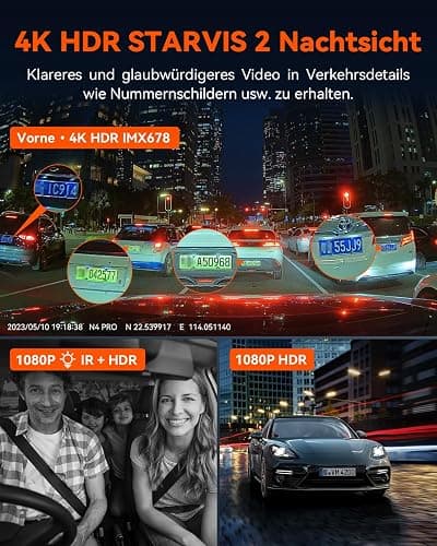VANTRUE N4 Pro 3 HDR 4K+ 1080P+ 1080P STARVIS 2 Dashcam Auto, 5G WiFi PlatePix™ Dash Cam GPS 360° Puffer Parküberwachung Auto Kamera, IR Nachtsicht, Sprachbefehl, Privatsphäremodi, 2.45” 1TB Max thumbnail 3
