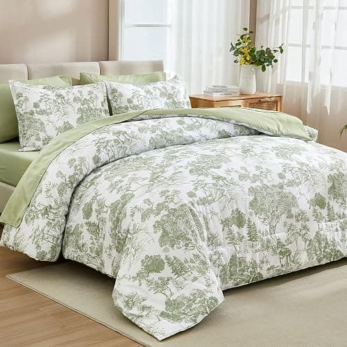 DJY Sage Green Comforter Set King, 7 Pieces Bed in a Bag King Size Botanical Comforters with Sheets Elegant Plants Print Soft Microfiber Reversible Complete Bedding Sets for All Season thumbnail 3
