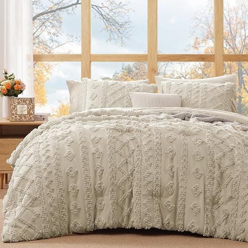 Queen Size Comforter Set- 7 Pieces Tufted Bed in a Bag Queen Bedding Sets | All Season Shabby Chic Boho Bedding with Comforter, Sheets, Pillowcases & Shams, Beige - Image 1