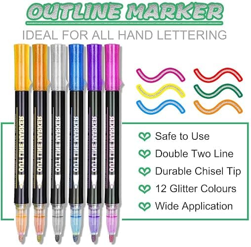 ECtury Glitter Pens Outline Marker Pens, Teenage Girls Gifts, Easter Gifts for Kids, 12 Colouring Pens Outline Pens for Scrapbook, Art Supplies, Arts and Crafts for Kids, Gifts for 4-12 Year Old Girls - 12 Colors thumbnail 3