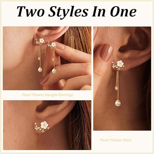 Dangle Pearl Drop Earrings Christmas Gifts For Women Trendy Long Threader Chain Dainty Flower Wedding Earrings For Brides CZ Cute 14K Gold Statement Sparkly Jewelry thumbnail 6