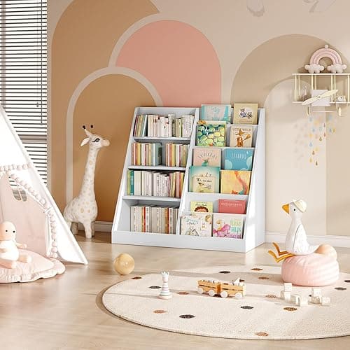 Tatub 6 Tier Kids Wooden Bookshelf and Toy Storage, Children Toy Organizer with Book Shelves, Toddler BookRack Baby Bookcase for Nursery, Playroom and Classroom, White thumbnail 8