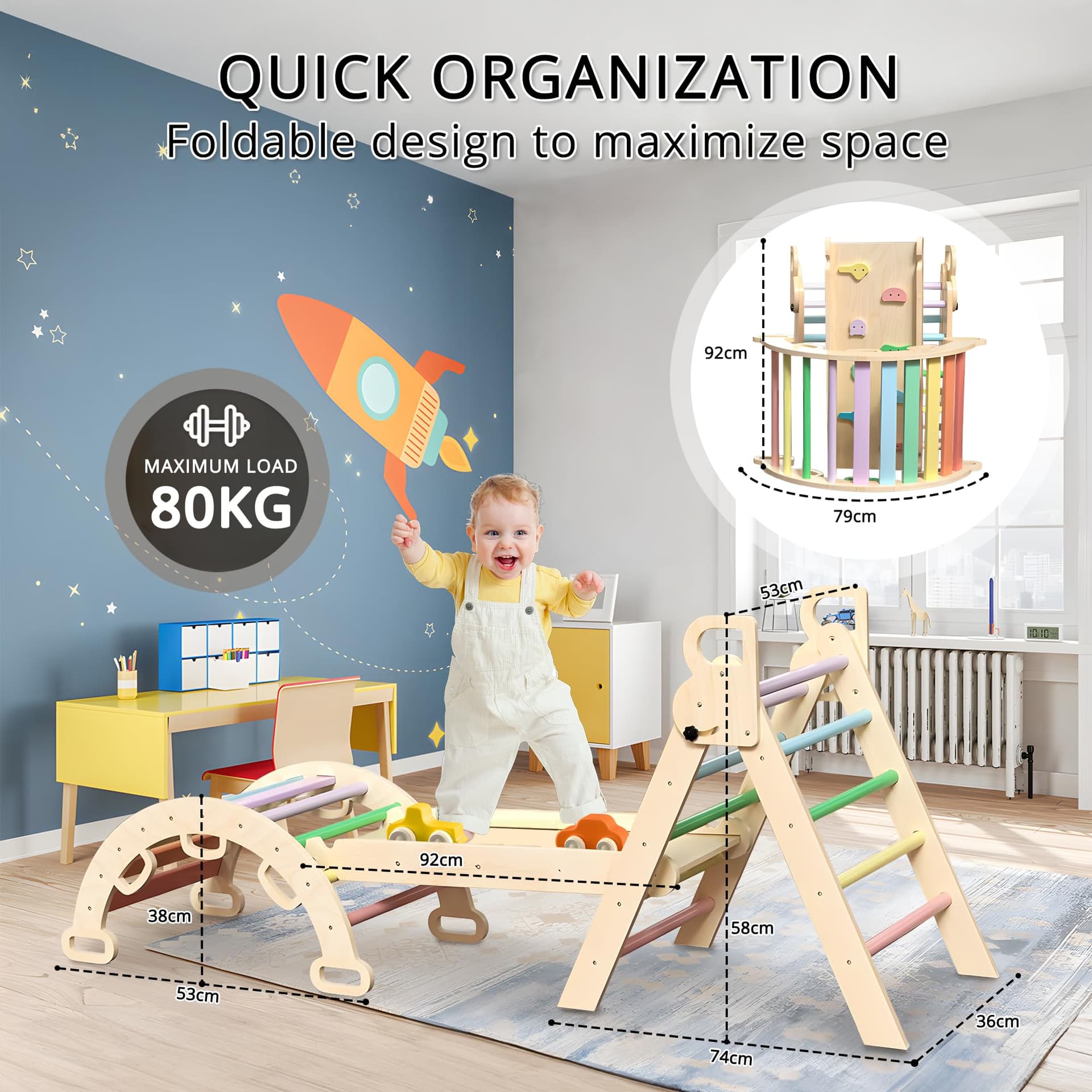 Kids Triangle Climbing Toys Set 7 in 1 Foldable Toddler Wooden Climbing Toys with Arch Ramp Ladder Baby Climber Indoor Jungle Gyms for Toddlers - Rainbow thumbnail 7