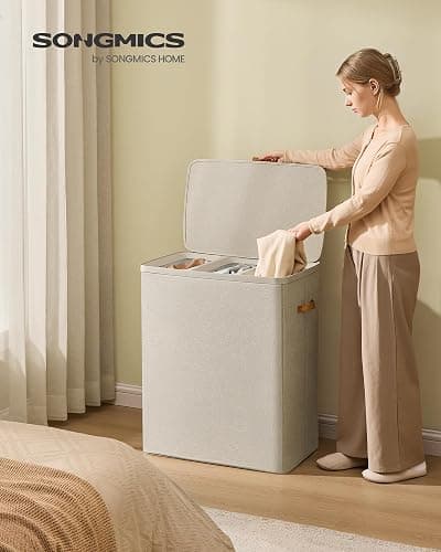 SONGMICS Laundry Basket, 50.2 Gal. Laundry Hamper, 3 Compartments, Easy Assembly, with Lid and Handles, Removable Liners, 25.2 x 15.7 x 29.5 Inches, Cappuccino Beige ULCB814LH01 thumbnail 3