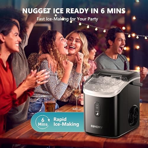 EUHOMY Nugget Ice Maker Countertop with Handle, Ready in 6 Mins, 34lbs Per Day, Removable Top Cover, Auto-Cleaning, Portable Sonic Ice Maker with Basket and Scoop, for Home/Party/RV/Camping (Black) thumbnail 4