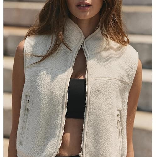 Yioaga Cropped Fleece Vest Women Sleeveless Stand Collar Zip Up Sherpa Jacket Fall Winter Warm Coats Outerwear with Pockets thumbnail 5