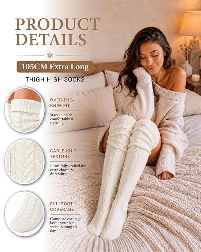 Pcavin Women's Thigh High Socks, Extra Long Over the Knee Boot Leg Warmers | Cable Knit Texture, Warm Thick Knit, Over Knee Length, Winter Boot Socks, Soft Leg Warmers, Sweater Stockings thumbnail 3