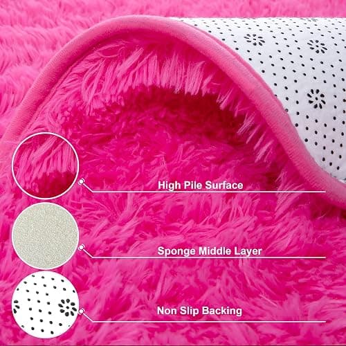 Foxmas Soft Fluffy Area Rugs for Bedroom Kids Room Plush Shaggy Nursery Rug Furry Throw Carpets for Boys Girls, College Dorm Fuzzy Rugs Living Room Home Decorate Rug, 2ft x 3ft, Hot Pink thumbnail 7