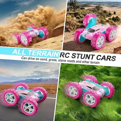 QUNREDA RC Cars, Pink Remote Control Car for Girls, 2.4 GHZ Double Sided RC Stunt Car 360° Rotating Remote Control Crawler with Headlights Car Toys for 6 7 8 9 10 11 12 Girls Birthday Gift Grandkids thumbnail 5