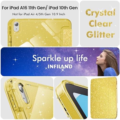 INFILAND Compatible with iPad A16 11th Generation 11 Inch 2025 Case, iPad Case 10th Generation 10.9 Inch, Glitter Cover with Sparkly Clear Back, Pencil Holder, for Kids Girls (Golden Yellow) thumbnail 7