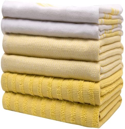 Premium Kitchen Towels (20”x 28”, 6 Pack) | Large Cotton Dish Towels | Flat & Terry Highly Absorbent Kitchen Linen Set with Hanging Loop | Wide Stripe Yellow thumbnail 6