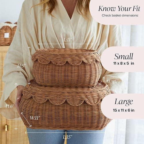 BEBE BASK The Original Scalloped Basket Set Of 2 - Small Scallop Basket - 15 x 10 x 6 In - Hand-Woven & Award-Winning - Elegant Wicker With Scalloped Edge Lid - Nursery Storage - (Mocca) thumbnail 4